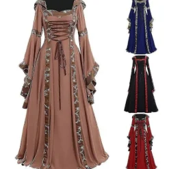 Medeltida Klänning Dam Snörning Långärmad Golvlång Medeltida Klänning Halloween Kostym - Khaki> Dräkter
