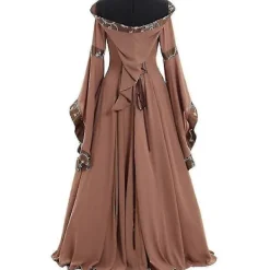 Medeltida Klänning Dam Snörning Långärmad Golvlång Medeltida Klänning Halloween Kostym - Khaki><noscript><img width=