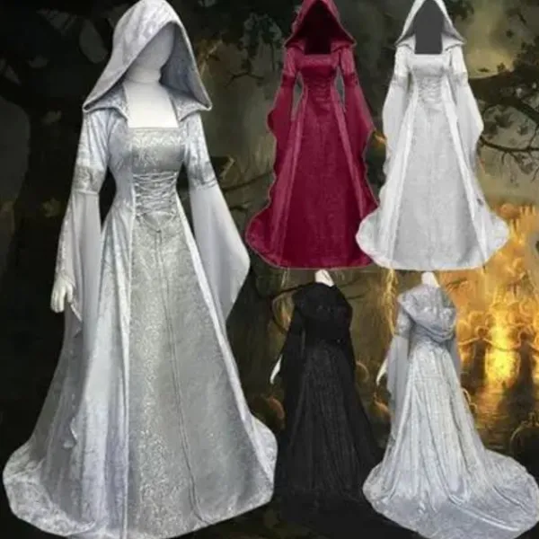 Medeltida Retro Gotisk Huvtröja Häxklänning Lång Kjol Lyxig Festklänning För Kvinnor Cosplay Vampyr Halloween Vuxen Dräkt Svart svart S> Dräkter