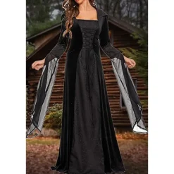 Medeltida viktoriansk klänning för kvinnor, vintage häxa Halloween renässans kostymer Sammet vampyr huva gotisk cosplay klänning><noscript><img width=