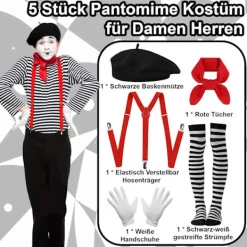 Mimdräkt Kvinnor Män, Pantomim Maskerad, Karneval Mimkonst Dräkt Svart Basker Röd Halsduk Svart och Vit Randiga Strumpor Handskar Hängslen><noscript><img width=
