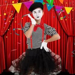 Mimdräkt Kvinnor Män, Pantomim Maskerad, Karneval Mimkonst Dräkt Svart Basker Röd Halsduk Svart och Vit Randiga Strumpor Handskar Hängslen><noscript><img width=