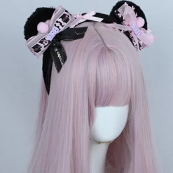 Mjukt björnöron pannband Lolita band rosetter hårbåge Cosplay fest pannband（Rosa）><noscript><img width=