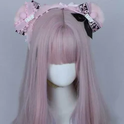 Mjukt björnöron pannband Lolita band rosetter hårbåge Cosplay fest pannband（Rosa）><noscript><img width=