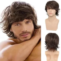 Mäns stiliga korta lockiga peruker med lugg Fluffigt fullt hår Cosplay peruk> Peruker