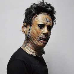 Motorsågsmördare maniak läderansiktsmask gummi skräckfilm halloween rollspel festrekvisita leksak karnevalsmask><noscript><img width=