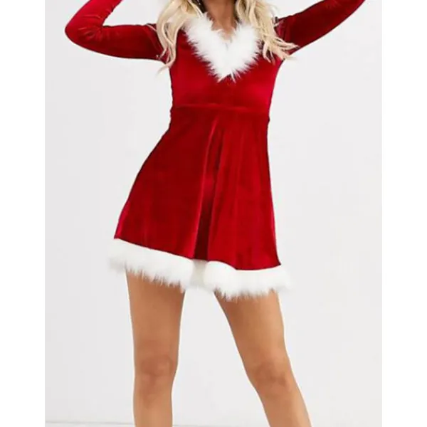 LAIQIANKUA Mrs Santa Claus Kostym för kvinnor Mini Sleeve P Trim Santa Suit Outfit L> Dräkter