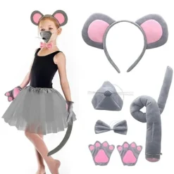 Musdräktsset Musöron Pannband Svans Näsa Fluga Handskar Set Cosplay Kostymtillbehör för Halloween Julfester[PL]> Tillbehör