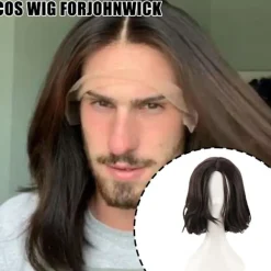 Naturlig peruk för John Wick Cosplay peruk Svart kort vågigt hår peruker><noscript><img width=
