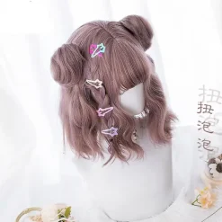 Ny Harajuku Kawaii Lolita Daily Gothic Kort Lockig Hår Cosplay Kostym Peruk För Dam Halloween Fest Med Bullar + Perukmössa><noscript><img width=