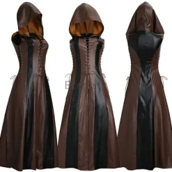 KOOLYOU Ny kvinnlig bågskytte cosplay-dräkt i konstläder med huva, snörning, lång klänning, Halloween-maskerad, medeltida krigarkostym för kvinnor L Brown><noscript><img width=