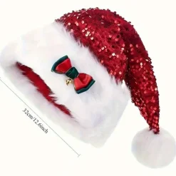 FMYSJ Ny Vinter Julhelg Använd Polyester Vinter Jul Paljett Tomtehatt med Rosett Och Pom-Pom, Lämplig för Kvinnor, Handtvättbar, Icke-Elastisk (FMY) 1pc> Tillbehör