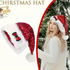 FMYSJ Ny Vinter Julhelg Använd Polyester Vinter Jul Paljett Tomtehatt med Rosett Och Pom-Pom, Lämplig för Kvinnor, Handtvättbar, Icke-Elastisk (FMY) 1pc><noscript><img width=