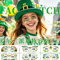 Nya irländska glittertatueringar för St Patrick's Day, vattentäta, för festliga helger, shamrock, ansiktsmakeup><noscript><img width=