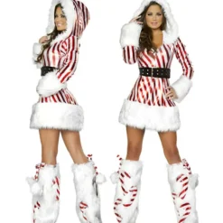 Nyhet Julklänning Dam Juldräkt För Vuxen Randig Sammetspälsklänning Med Luva Sexig Kvinnlig Jultomtedräkt L L> Dräkter