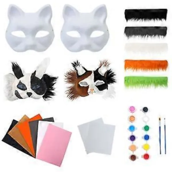 Omålade Rävmasker Halloween Cosplay Mask Handmålade Kattmasker med Päls Anime Cosplay Mask Djurmask Set brun> Masker