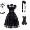Onsdag Addams Cosplay Klänning för Flickor med Spets & Puffärmar 9-Delars[YDE] Wednesday 9 st 150> Dräkter