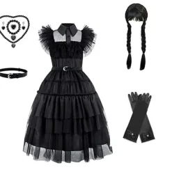 Onsdag Addams Cosplay Klänning för Flickor med Spets & Puffärmar 9-Delars[YDE] Wednesday 9 st 150> Dräkter