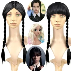Onsdag Addams Cosplay Peruk Långt Svart Flätor Hår Halloween P A1> Peruker