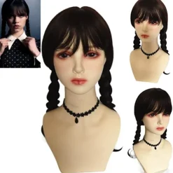 CNMR Onsdag Addams Family Wig Cosplay LÃ¥nga Svarta FlÃ¤tor HÃ¥r Prop Z><noscript><img width=