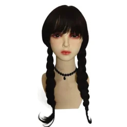 Onsdag Addams Family Wig Cosplay Långa Svarta Flätor Hår Prop Z> Peruker