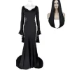 Onsdag Morticia Addams Cosplay Kostym Sexig Svart Klänning För Kvinnor Halloween Karneval Party Kostym-r (XS Med Peruk)> Dräkter
