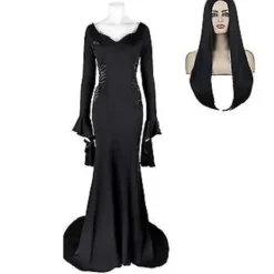 Onsdag Morticia Addams Cosplay Kostym Sexig Svart Klänning För Kvinnor Halloween Karneval Party Kostym-r (XS Med Peruk)> Dräkter