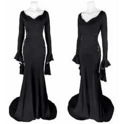 Onsdag Morticia Addams Cosplay Kostym Sexig Svart Klänning För Kvinnor Halloween Karneval Party Kostym-r (XS Med Peruk)> Dräkter