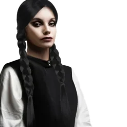 Onsdagsperuk med Flätor - Addams Svart> Peruker