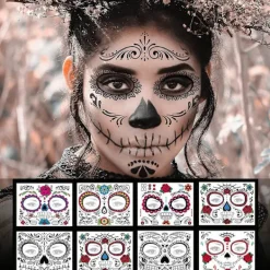 8-pack Dagen de Muertos sockerdödskalle ansikts-tatueringar - Tillfälliga tatueringar för Halloween-sminkning - Tatueringsdekaler för Halloween-maskeradfest | Fyndiq> Smink