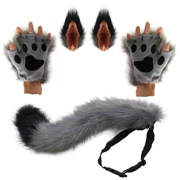 3-pack Djurdräkttillbehörssats Falsk Päls Kattunge Vargöron Hårclips Lång Svans Plyschhandskar Halloween Cosplay Rekvisita> Tillbehör