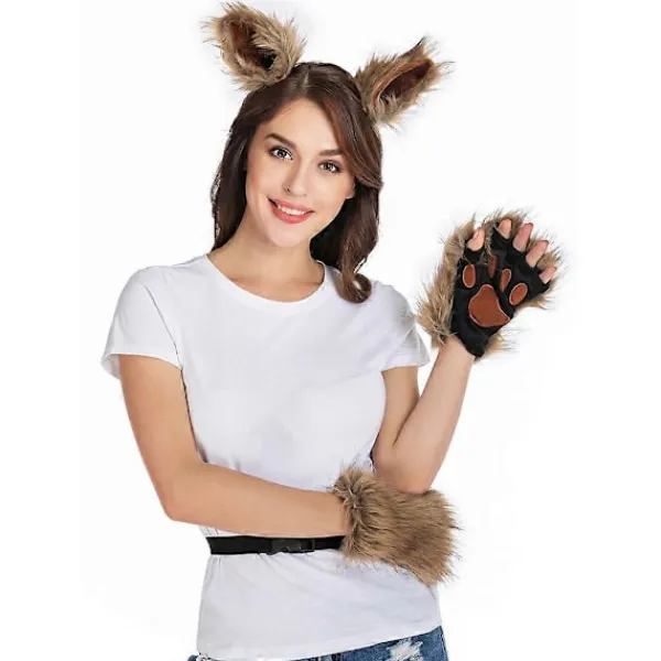3-pack Djurdräkttillbehörssats Falsk Päls Kattunge Vargöron Hårclips Lång Svans Plyschhandskar Halloween Cosplay Rekvisita> Tillbehör