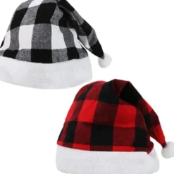 2-pack Jultomteluvor, röda och svarta rutiga plyschhattar för juldräktsfest> Huvudbonader