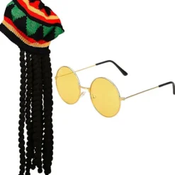 2-pack Rasta-set: Rastahatt med svarta dreadlocks-peruk och gula glasögon - Karibisk dräktkostym> Tillbehör