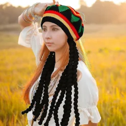2-pack Rasta-set: Rastahatt med svarta dreadlocks-peruk och gula glasögon - Karibisk dräktkostym> Tillbehör