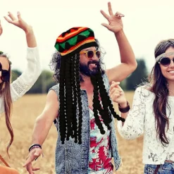 2-pack Rasta-set: Rastahatt med svarta dreadlocks-peruk och gula glasögon - Karibisk dräktkostym><noscript><img width=