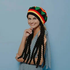 2-pack Rasta-set: Rastahatt med svarta dreadlocks-peruk och gula glasögon - Karibisk dräktkostym><noscript><img width=