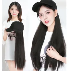 1Pcs Long Straight Hat Wig Natural Brown Wigs Connect Synthetic Synthetic Baseball Cap Hair Wig Hat Wig Adjustable for Women> Peruker