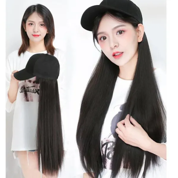 1Pcs Long Straight Hat Wig Natural Brown Wigs Connect Synthetic Synthetic Baseball Cap Hair Wig Hat Wig Adjustable for Women> Peruker