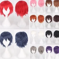 Peruk för cosplay, kort rak pojkstil, tecknad anime-fest, för män och kvinnor (mörkbrun)><noscript><img width=