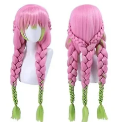 Peruk för Kanroji Mitsuri Cosplay för Demon Slayer Grön och Rosa Långt Rakt Hår {SL}> Peruker