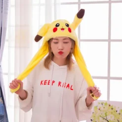 Pikachu-hatt med rörliga öron som hoppar, rolig Pikachu-plyschhatt för kvinnor, flickor, cosplay, jul, fest, semesterhatt> Huvudbonader