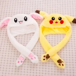 Pikachu-hatt med rörliga öron som hoppar, rolig Pikachu-plyschhatt för kvinnor, flickor, cosplay, jul, fest, semesterhatt><noscript><img width=