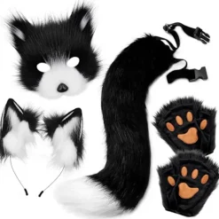 Plush mask med räv svans och öron set, katt svans räv kostym cosplay kostym med katt öron och tass handskar halloween cosplay> Tillbehör