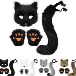 Plysch Pälsfågelräv Svans Katt Varulv Cosplay Kostym Set - Mask, Handskar - Halloween Jul Fest><noscript><img width=