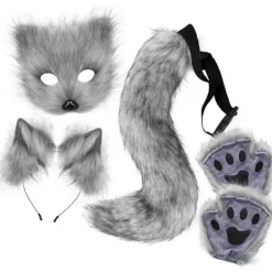 Plyschmask med rävsvans och öron set, katt svans räv kostym cosplay kostym med kattöron och tasshandskar halloween cosplay grå{F2}> Dräkter