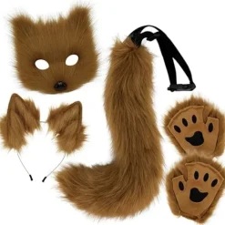 Plyschmask med rävsvans och öron set, katt svans räv kostym cosplay kostym med kattöron och tasshandskar halloween cosplay brun Hög kvalitet brown> Tillbehör