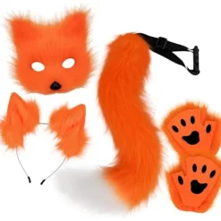 Plyschmask med rävsvans och öronset, Kattsvans Rävdräkt Cosplay-dräkt med kattöron och klöshandskar Halloween Cosplay -Perfekt> Tillbehör