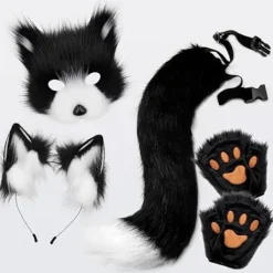 Plyschmask med rävsvans och öronset, Kattsvans Rävdräkt Cosplay-dräkt med kattöron och klöshandskar Halloween Cosplay -Perfekt><noscript><img width=