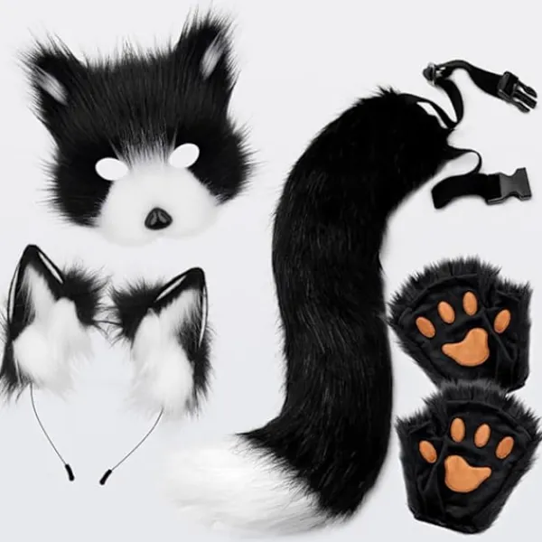 Plyschmask med rävsvans och öronset, katt svans räv kostym cosplay kostym med kattöron och tasshandskar halloween cosplay-FA-> Tillbehör